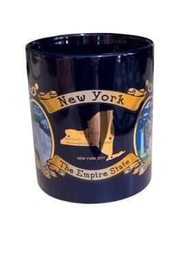 New York NY Empire State Blue Gold Coffee Mug Tea Cup Statue Of Liberty Souvenir